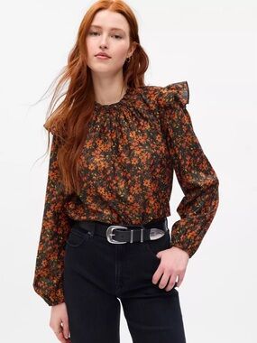 Gap Floral Long Sleeve Ruffle Top Black Orange Size Small Boho Feminine Preppy